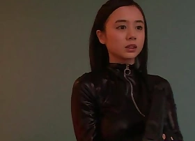 Costumed asian mom to catsuit facialized