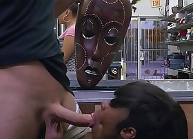 Xxx pawn - lexxi deep rides white big cock while wearing wooden african mask