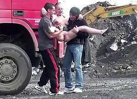Construction site public gangbang with a young pulling chick