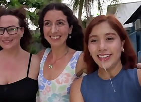 Orgy with three girls and twosome guy, fucked them in turns and cum primarily their faces - Public Cumwalk