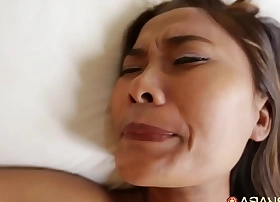 Asian MILF caught in rain comes inside strangers hotel courtyard and takes his cum inside her as thanks
