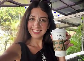 Blowjob in a Public Toilet Starbucks and Cumwalk - She drinks coffee almost cum on face among people