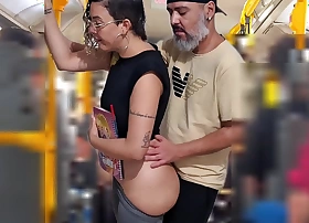 Slutty Student Gets Cumshot in Public upstairs the Bus