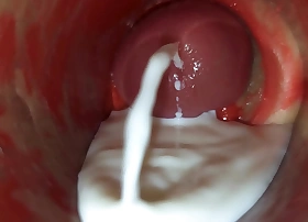 Camera inside a deep pussy captures a huge ejaculation of sperm, moaning added to dribble as every thick, hard thrust drives raw, deprecatory lust